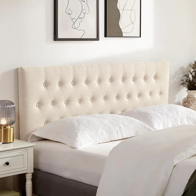 Secure Tufted Upholstered Headboard Queen Size Adjustable Height 37- 51 in Beige Sturdy and Durable Solid Wood Bed Headboard Fabric Queen Headboard Only Modern Button Diamond Design Head Board High-Grade