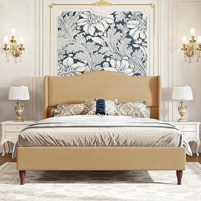 Refined koorlian Full Upholstered Bed Frame with 51 39 39 Tall Headboard Warm Brown Reinforced Platform Bed Easy Assembly Soft Fabric Sleigh Wingback Solid Wood Retro Legs Noise- Classic amp Simple Smart
