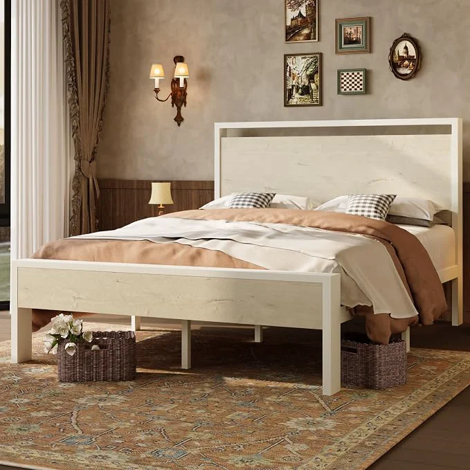 Functional SHA CERLIN 14 Inch Queen Metal Platform Bed Frame with Wooden Headboard and Footboard No Box Spring Needed Large Under Bed Storage Heavy Duty Slats Support White Washed Oak Premium