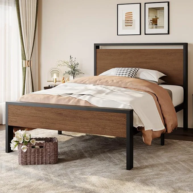 Easy-to-Use SHA CERLIN 14 Inch Twin Size Metal Platform Bed Frame with Wooden Headboard and Footboard Mattress Foundation No Box Spring Needed Large Under Bed Storage Heavy Duty Slats Support Walnut Consistent