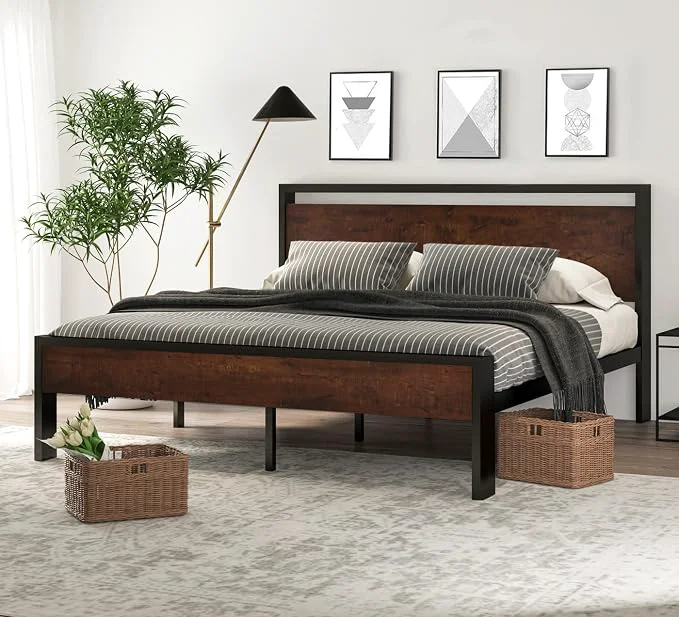 Carefully Designed SHA CERLIN 14 Inch King Size Metal Platform Bed Frame with Wooden Headboard and Footboard Mattress Foundation No Box Spring Needed Large Under Bed Storage Mahogany Fine