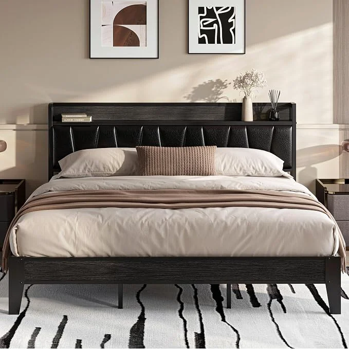 Secure LIKIMIO King Bed Frame PU Leather Storage Headboard with Charging Station Solid and Stable Noise No Box Spring Needed Easy Assembly Black Fine