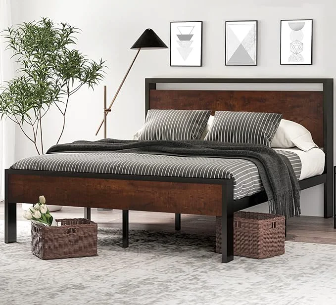 Consistent SHA CERLIN 14 Inch Queen Size Metal Platform Bed Frame with Wooden Headboard and Footboard Mattress Foundation No Box Spring Needed Large Under Bed Storage Non-Slip Without Noise Mahogany Advanced