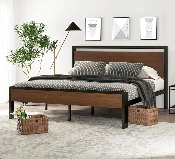 Elegant SHA CERLIN 14 Inch King Size Metal Platform Bed Frame with Wooden Headboard and Footboard Mattress Foundation No Box Spring Needed Large Under Bed Storage Walnut Lightweight