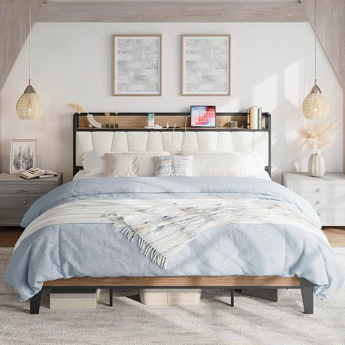 Selected LIKIMIO California King Bed Frames Storage Headboard with Charging Station Solid and Stable Noise No Box Spring Needed Easy Assembly Wood and Cream Expertly Made