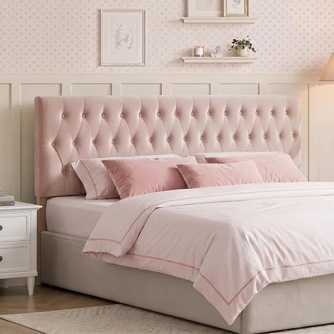 Outstanding Tufted Upholstered Full Size Bed Headboard in Modern Button Design Adjustable Solid Wood Head Board Premium Velvet Fabric Padded Headboards in Bedroom Pink Lightweight