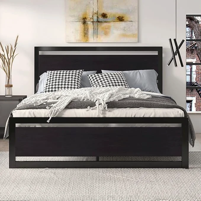 Powerful SHA CERLIN Heavy Duty Full Size Bed Frame with Modern Headboard Black Platform Metal Base with Square Footboard and 13 Strong Slats Support No Box Spring Needed High-Quality