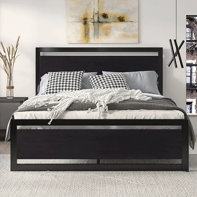 Trendy SHA CERLIN Heavy Duty Queen Size Bed Frame with Modern Headboard Black Platform Metal Base with Square Footboard and 13 Strong Slats Support No Box Spring Needed High-Quality