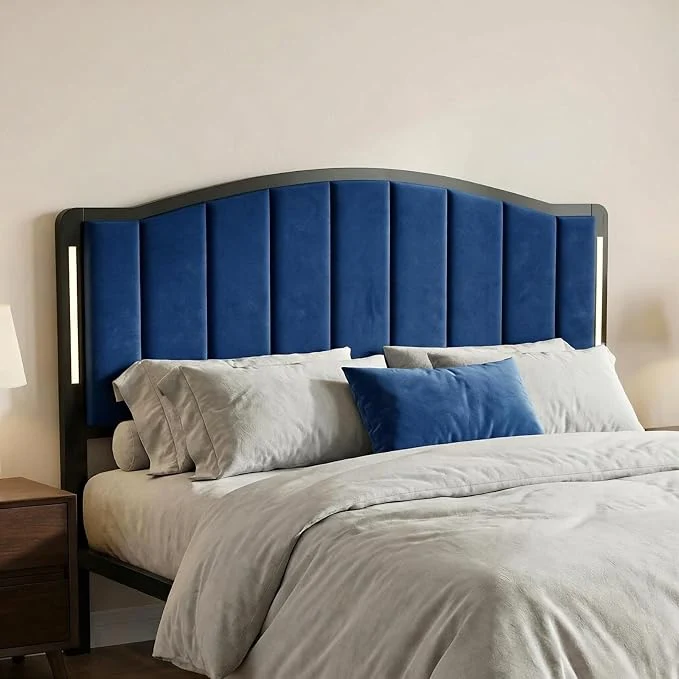 Enhanced Headboard for King Size Bed with LED Lights Upholstered Vertical Channel Tufting Head Boards Velvet Headboard Only Study amp Comfortable I for Bedroom Dorm Guest Room Blue Contemporary