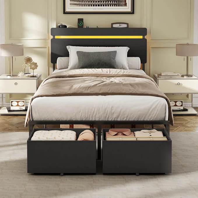 Consistent Forestell Twin Bed Frame with Wood Headboard 2 Storage Drawers amp Shelf Built-in Charging Station amp LED Lights Metal Support No Box Spring Needed noise- easy assembly Smart RGB USB Type-C Lightweight