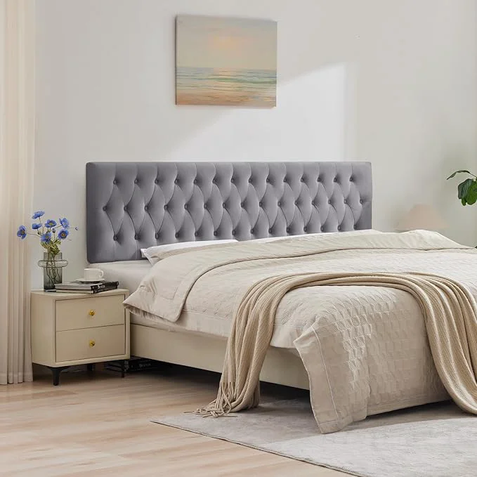 Responsible Tufted Upholstered Twin Size Velvet Headboard in Modern Button Design Adjustable Solid Wood Head Board Premium Sponge Padded Headboards in Bedroom Gray Refined