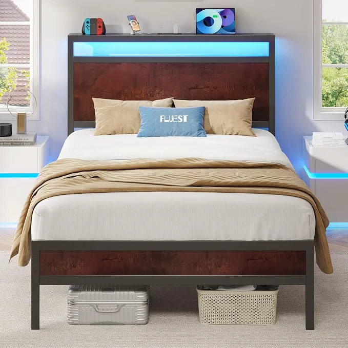 Genuine Fluest Twin Bed Frame with Headboard amp Footboard Twin Bed Frame with Charging Station amp LED Light Under-Bed-Storage No Box Spring Needed Noise Easy Assembly Coffee Brown Luxury