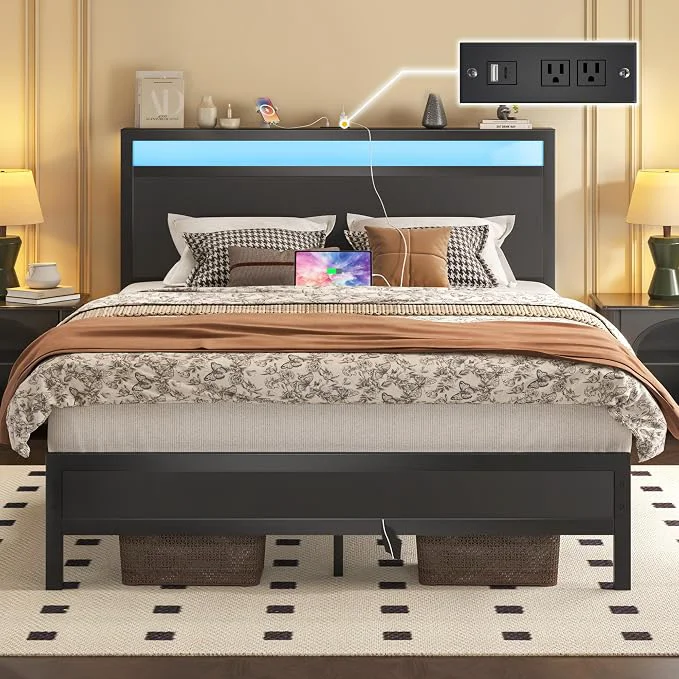 Authentic Fluest Full Bed Frame with Headboard amp Footboard Full Bed Frame with Built-in Charging Station amp LED Light Storage Shelf Noise- No Box Spring Needed Easy Assembly Classic Black Traditional