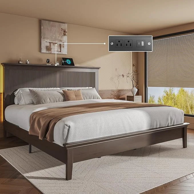 Comfortable Lifezone King Bed Frame with Headboard Solid Wood Bed Frame King Size with Charging Station amp RGB LED Wood Slats Support Noise- Sturdy Structure Easy Assembly Walnut Smart