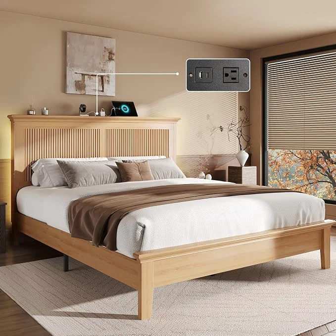 Genuine Lifezone Wood Queen Bed Solid Wood Bed with Tall Headboard American Vintage Design Queen Bed with Charging Station amp RGB LED Wood Slats Support Noise- Sturdy Structure Easy Assembly Natural High-End