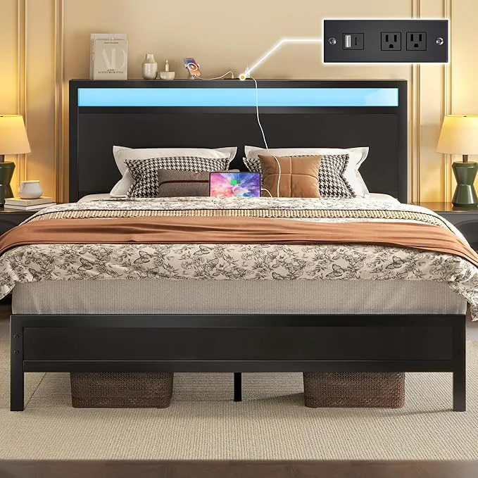 Detailed Fluest Queen Bed Frame with Headboard amp Footboard Bed Frame with Built-in Charging Station amp LED Light Storage Shelf Noise- No Box Spring Needed Easy Assembly Classic Black Fine