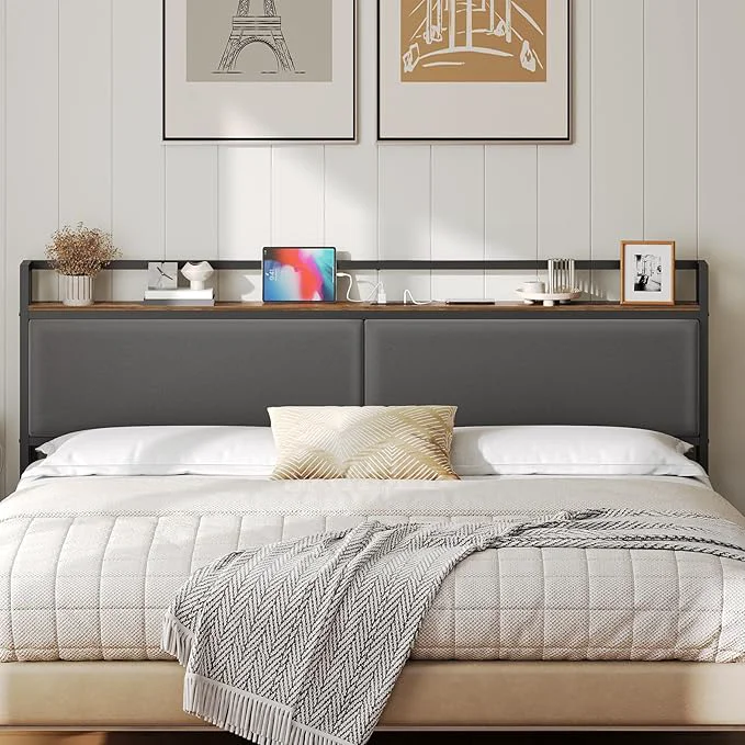 Eco-Friendly King Size Headboard Only with Storage Shelves Upholstered Headboard with Charging Station Height Adjustable Sturdy and Stable Vintage Style Rustic Brown Gray and Black Professional