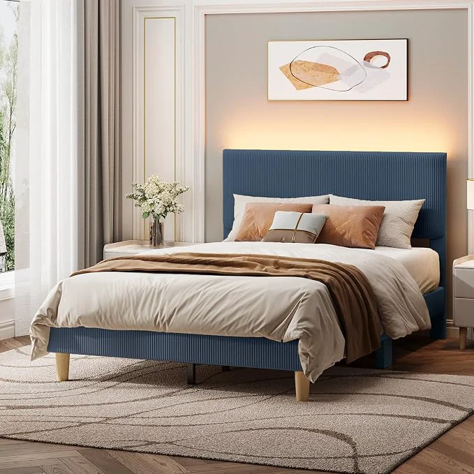 Trusted ier Full Bed Frame with Adjustable Headboard LED Light Blue Vertical Channel Corduroy Upholstered Easy Assembly LED Lighting Headboard No Squeaks Wood Slats Support No Box Spring Needed Detailed