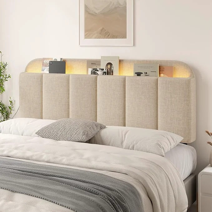 Safe Headboard for Full Queen Size with LED Light Upholstered Bed HeadBoard with Storage Linen Fabric Head Board with Vertical Channel Design Height Adjustable Easy to Assemble Beige High-Performance