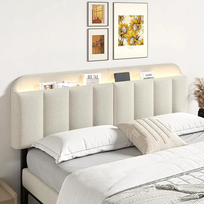 Trendy Adjustable Headboard for King California King Size Bed Frame Linen Fabric Bed Headboard with Storage amp RGB LED Light in Modern Vertical Channel Design White Crafted