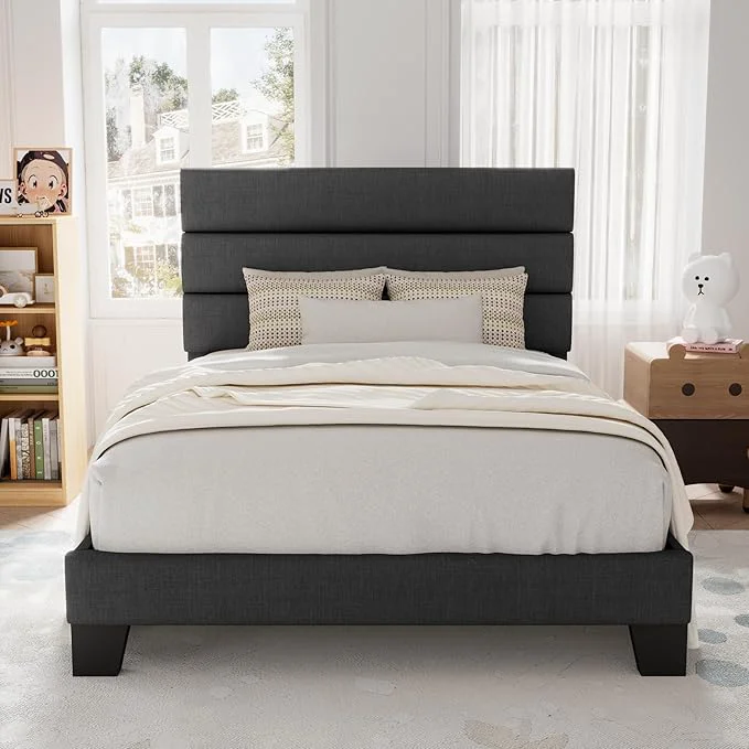 Top-Quality Allewie Twin Size Platform Bed Frame with Fabric Upholstered Headboard Gray Wooden Slats Support Fully Upholstered Mattress Foundation No Box Spring Needed Easy Assembly Noise- Dark Grey Elite