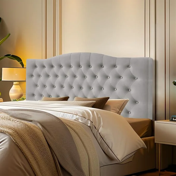 Fine Crafted Furpopup Velvet Queen Headboard Only Upholstered Wall Mount Silver Gray 2 ways to use Wall-mounted for adjustable bed and bed frame mounted Easy to assemble Classic button design headboard Reusable