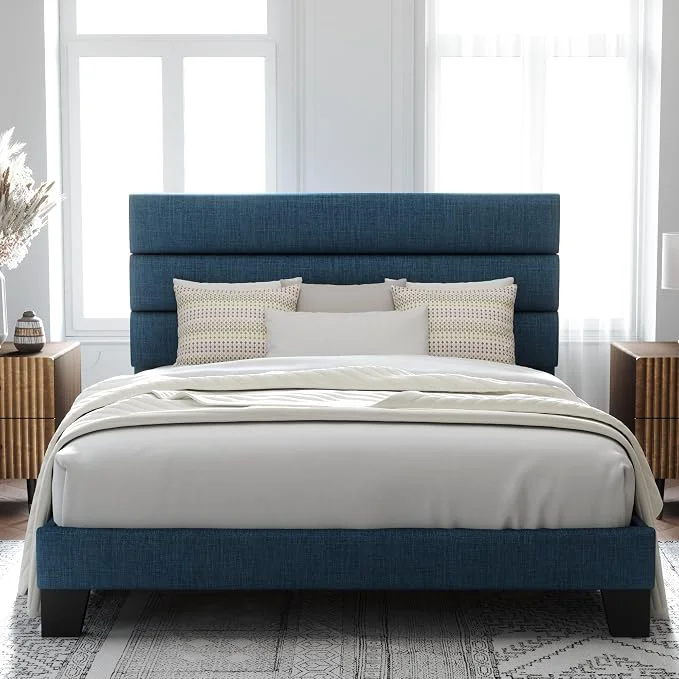 Advanced Allewie Queen Size Platform Bed Frame with Fabric Upholstered Headboard Wooden Slats Support Fully Upholstered Mattress Foundation No Box Spring Needed Easy Assembly Noise- Blue Artisan