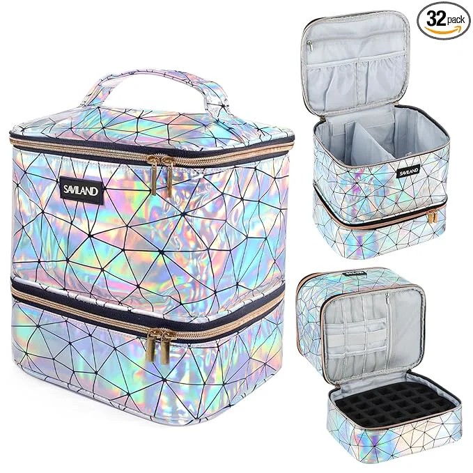 Trendy SAVILAND Nail Polish Organizer Bag PU Leather Nail Kit Organizer Holds 30 Recyclable