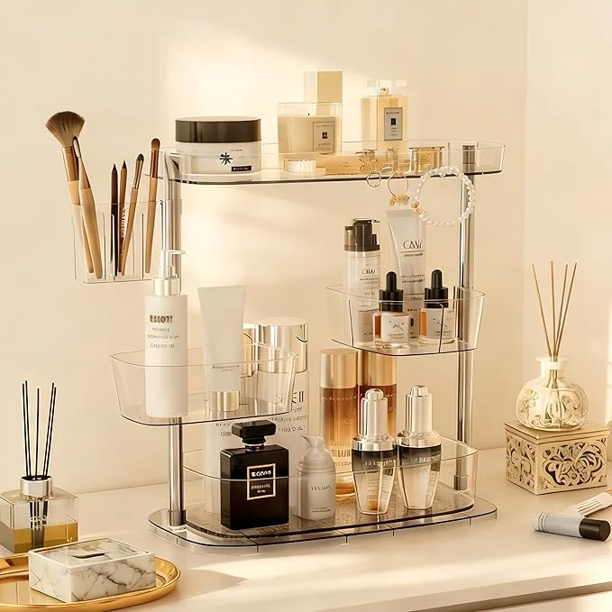 Stylish Rotating Makeup Vanity Organizer Bathroom Countertop Cosmetic Skin Care Storage Premium