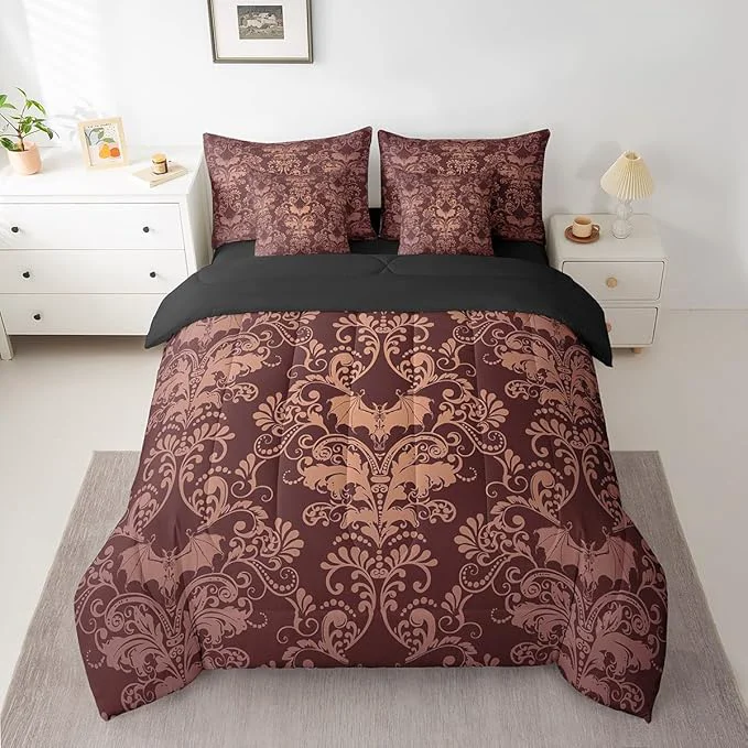 Versatile Erosebridal Gothic Damask Bed in a Bag King Size Comforter Set 7 Pieces Halloween Bat Bedding Sets Brown Victorian Floral Goth Sheet Set with Comforter Easy-to-Use
