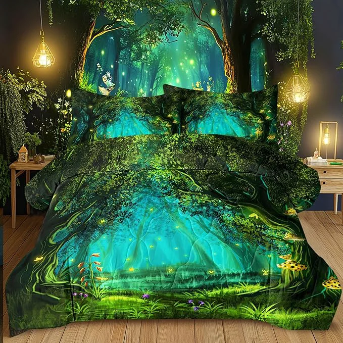Breathable SOULZZZ Forest Comforter Set King Size Premium Microfiber Green Forest Mushroom Butterfly Flower Pattern Comforter 3 Piece Aesthetic Green Bedding Set with 2 Pillow Shams Top-Quality