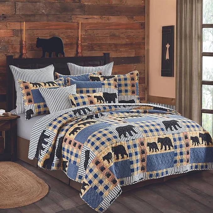 Comfortable Virah Bella 3 Piece Queen Lodge Quilt Bedding Set - Black Bear Plaid - Rustic Cabin Country Reversible Camping Comforter Set with Decorative Pillow Shams Blue Black High-Performance