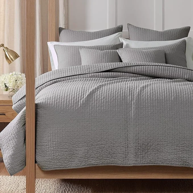 User-Friendly Levtex Home Cross Stitch Reversible King Cal King Quilt Set 106x92in and 2 Pillow Shams 36x20in - Stitch Texture - Light Grey - Cotton King Size Quilt Bedding Set - Lightweight Soft Pre-Washed Contemporary
