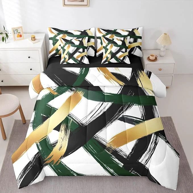 Original Design Erosebridal Black Green Gold Abstract 7 Piece Comforter Set Queen Modern Minimalist Line Geometric Bedding Set Minimalist Simple Sketch Art Bed in A Bag Cool Unique Contemporary Sheet Set Advanced