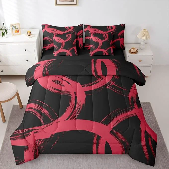 Safe Erosebridal Black and Red 7 Piece Comforter Set King Abstract Line Ink Painting Bedding Set for Kids Boys Girls Simple Minimalist Graffiti Art Modern Geometric Sheet Set Boho Cool Unique Mens Quilt Reusable