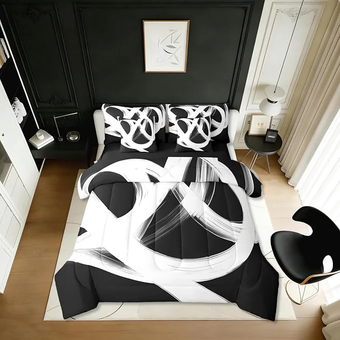 Authentic Erosebridal Abstract Modern 7 Piece Comforter Set Twin Bed in A Bag Black White Lines Geometric Bedding Set Minimalist Contemporary Stripes Sheet Set Ink Painting Simple Aesthetic Neutral Quilt Luxury