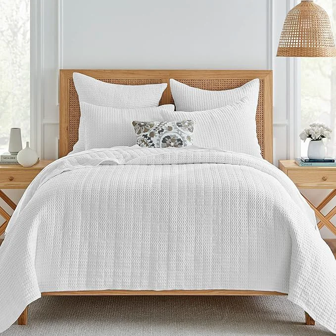 Fast Levtex Home Mills Waffle King Cal King Quilt Set 106x92in with 2 Pillow Shams 36x20in - Bright White - Cotton King Size Quilt Bedding Set - Lightweight Soft Pre-Washed High-Grade