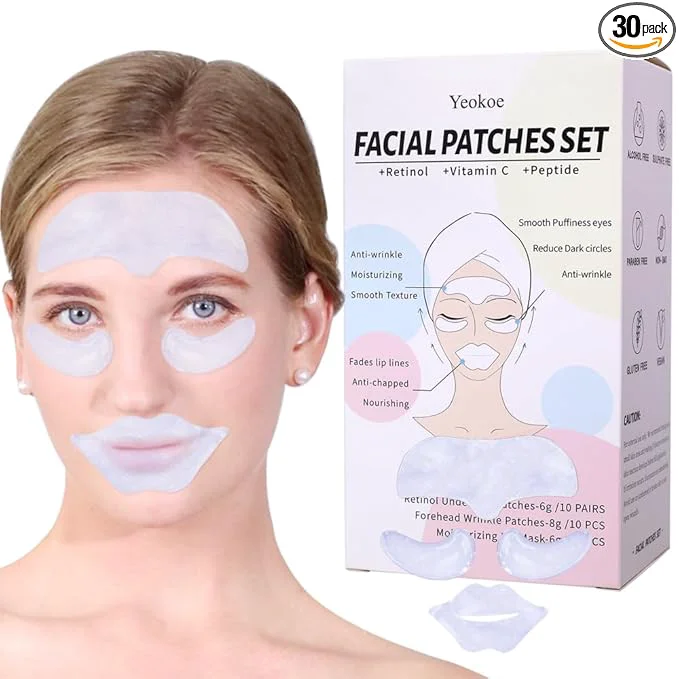 Premium Material Yeokoe Forehead Wrinkle Patches Under Eye Patches and Lip Mask 30 PCS. Face Relaxed