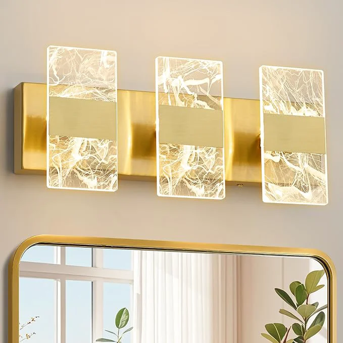High-Grade Modern LED Bathroom Light Fixtures Dimmable 3-Light Gold Vanity Light 5CCT Comfortable