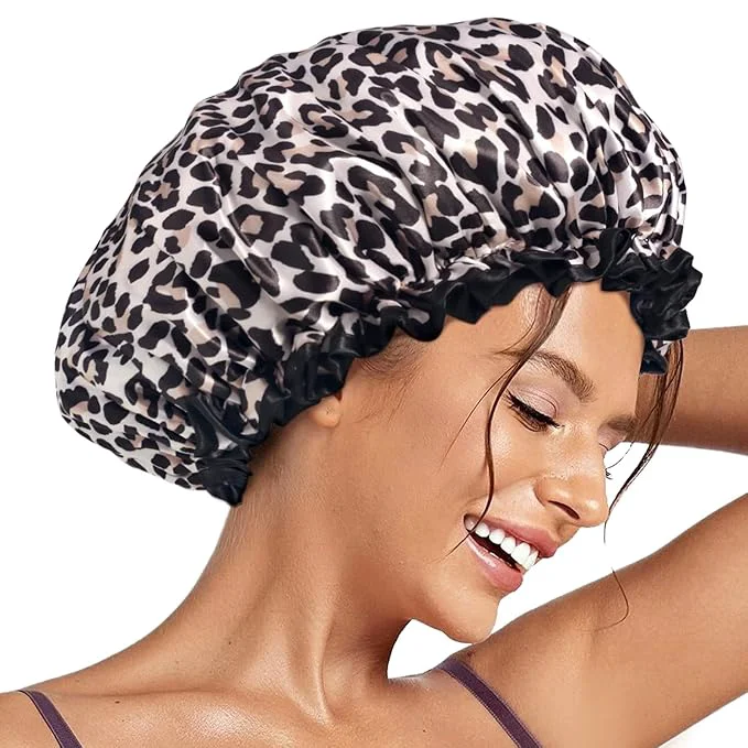 Relaxed Aquior Shower Cap Reusable Waterproof Leopard Print Hair Cap Dual Layer Large Quality