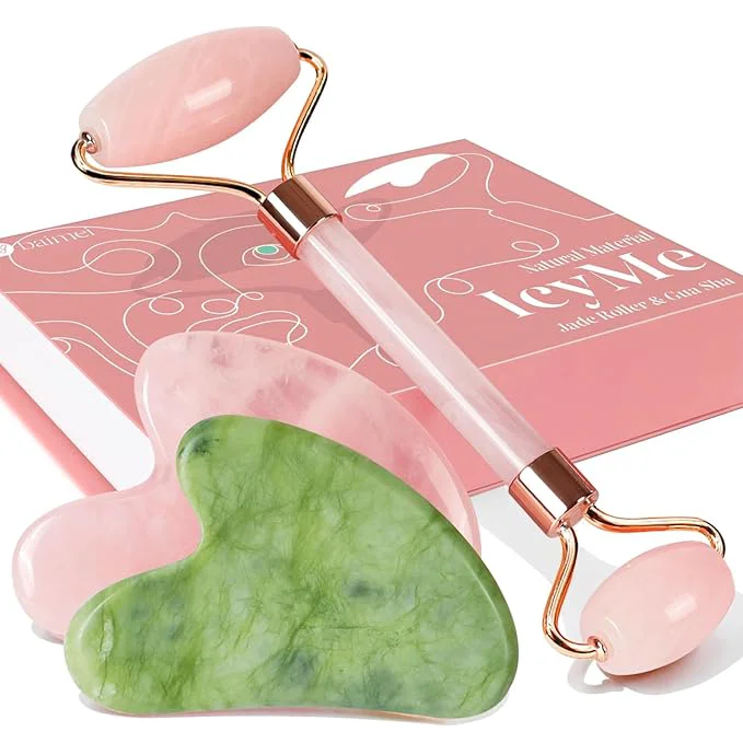 Refined BAIMEI Rose Quartz Roller Set Xiuyan Jade Gua Sha – Face Massager Tool and Stylish