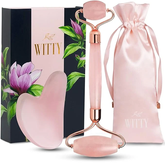 Outstanding WITTY Rose Quartz Roller for Face Gua Sha Stone Set in Hand-Drawn Giftbox Optimized