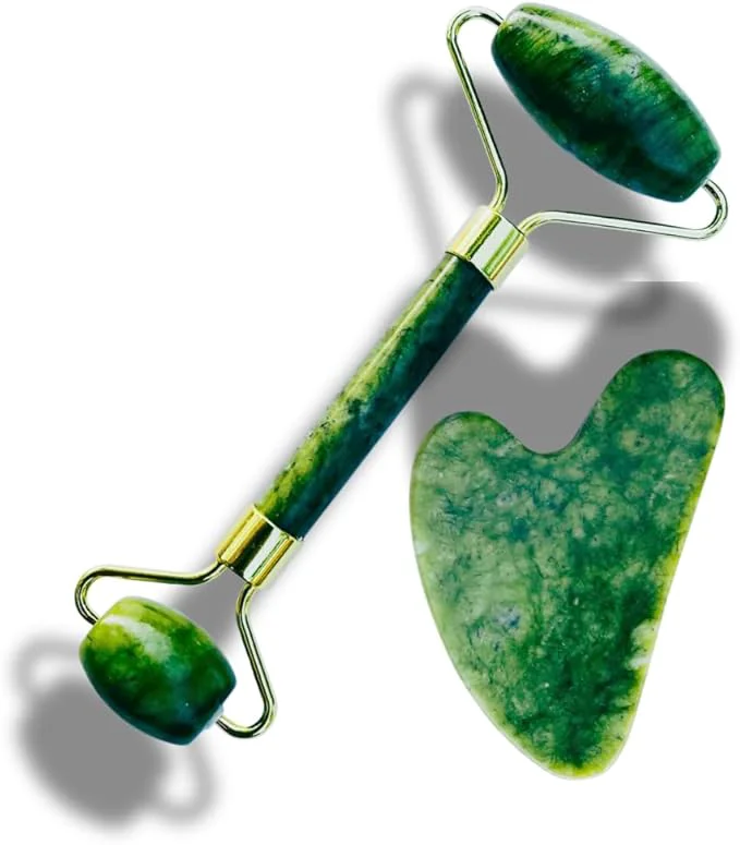Organic Premium Jade Roller with Gua Sha Set Natural Green Jade Stone Face Massage High-Performance
