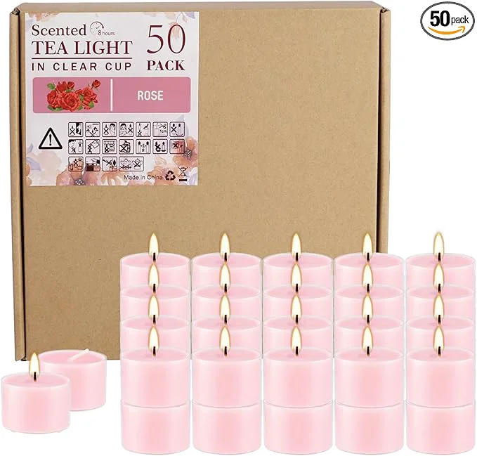 Certified Rose Scented Candle Tealight Candles in Clear Cup 8 Hours Consistent Smkless Efficient