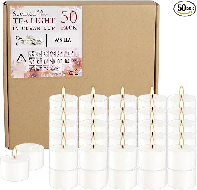 Enhanced Set of 50 White Scented Tealight Candles Bulk Vanilla Fragrance Wax Clean