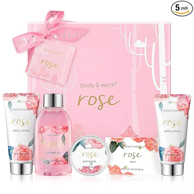 Contemporary Bath and Body Gift Set for Women Body Earth 5 Pcs Rose Spa Gifts for Women Secure