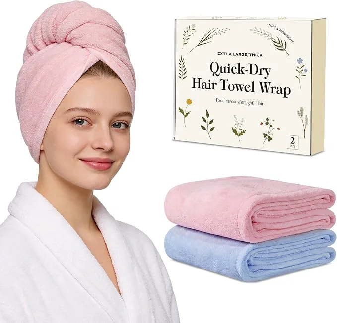 Next-Generation Microfiber Hair Towel Wrap for Women 2 Pack Large Fast Drying Hair Towel Efficient