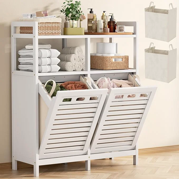Carefully Designed Homykic Tilt Out Laundry Hamper Cabinet Bamboo Double Laundry Hamper Expertly Made