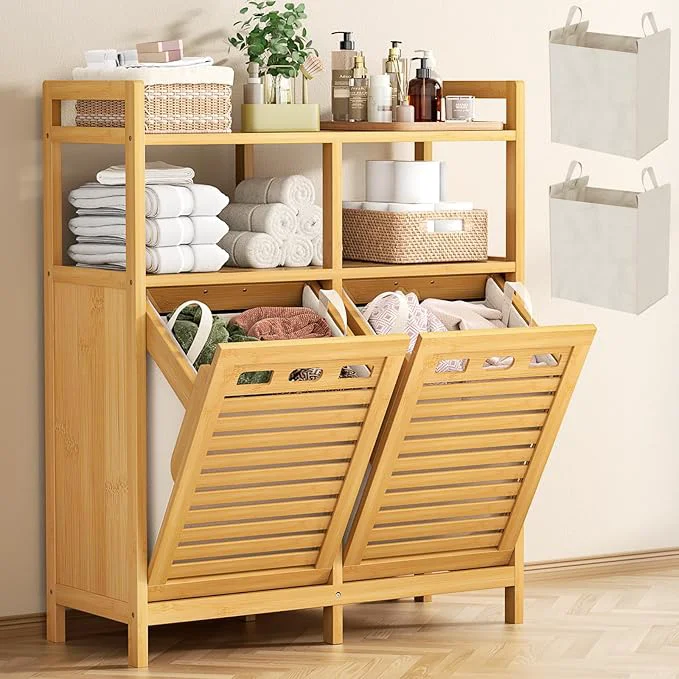 Enhanced Homykic Tilt Out Laundry Hamper Cabinet Bamboo Double Laundry Hamper Certified