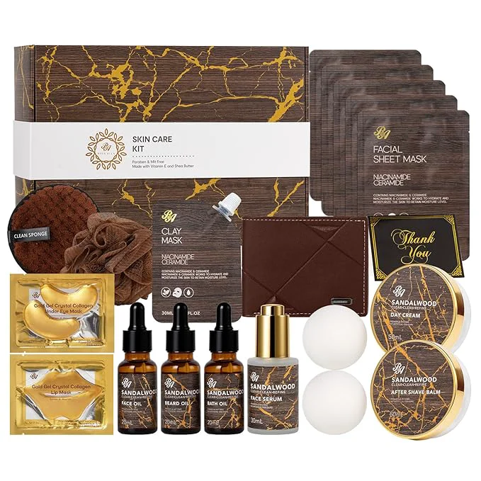 Green Sandalwood Beard Grooming Set For Men Spa Self-Care Gift Basket Set Premium Material